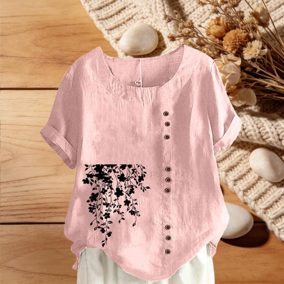 Gamivast Boho Womens Tops Linen Casual Short Sleeve Print Side Button Blouses Trendy Comfy Crew Neck Loose Going out Shirts Summer Vacation outfits