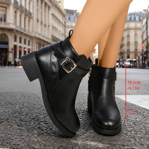 Gamivast Boots for Women Buckle Detail Faux Leather Ankle Boots Round Toe Side Zip Low Block Heel Dress Boots for Office Work Travel Walking Footwear Black 37