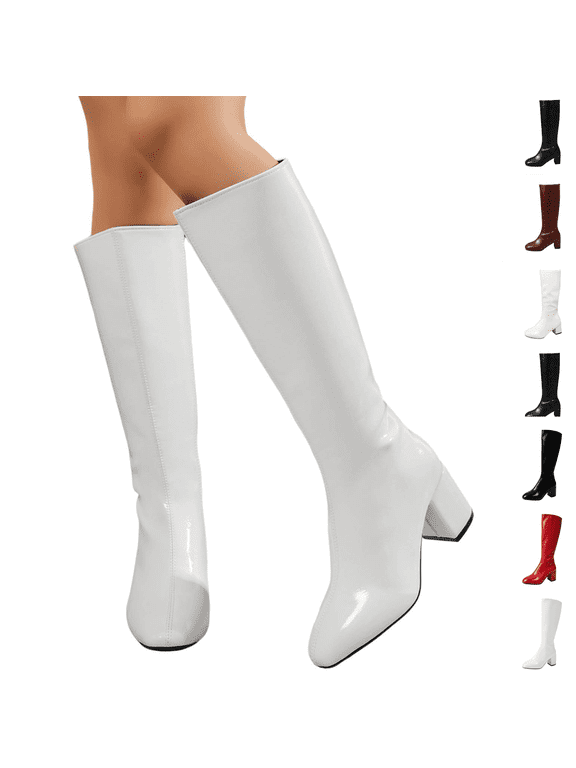 Boots for Women Faux Leather Knee High Boots Square Toe Side Zip Chunky Block Heel Dress Boots for Office Party Wedding Evening Footwear White 38