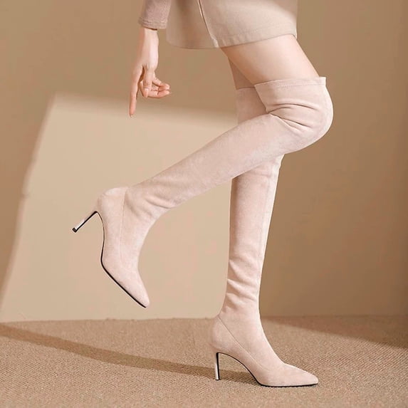 Gamivast Boots for Women Faux Suede Over The Knee Boots Pointed Toe Pull On Stiletto Heel Dress Boots for Party Wedding Travel Evening Footwear Khaki 42