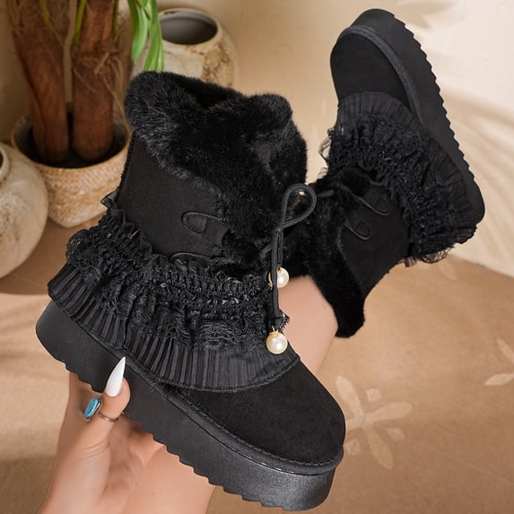 Gamivast Boots for Women Lace Ruffle Pearl Faux Suede Ankle Boots Round Toe Faux Plush Fleece Lined Chunky Snow Boots for Outdoor Travel Walking Footwear Black 41