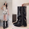 thumbnail image 1 of Gamivast Boots for Women Studded Faux Leather Knee High Boots Slouch Shaft Round Toe Low Heel Tall Boots for Outdoor Party Travel Casual Footwear Black 37, 1 of 7