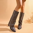 thumbnail image 1 of Gamivast Boots for Women Studded Faux Leather Knee High Boots Slouch Shaft Round Toe Low Heel Tall Boots for Outdoor Party Travel Casual Footwear Brown 36, 1 of 7