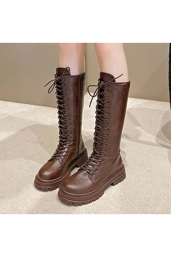 Boots for Women Knee High Lace Up Platformed Boots Side Zip Riding Boots Work Street Concert Fashion Outfits Brown 37