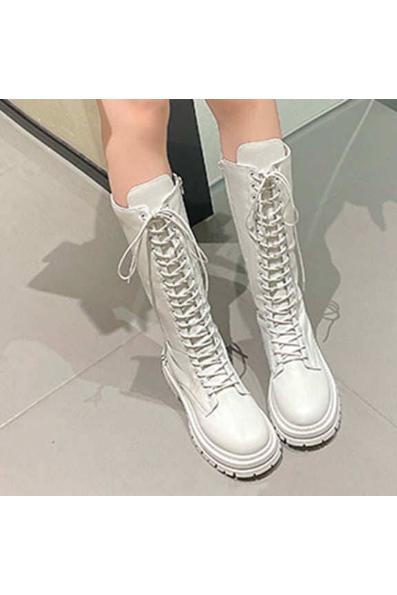 Boots for Women Knee High Lace Up Platformed Boots Side Zip Riding Boots Work Street Concert Fashion Outfits White 37