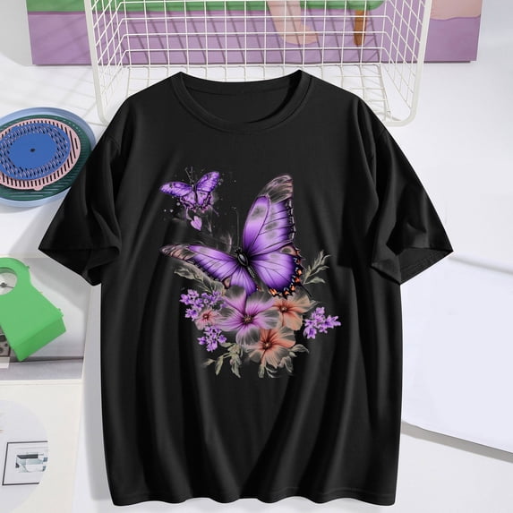 Gamivast Botanical Butterfly for Women T Shirt Vintage Floral Graphic Short Sleeve Crewneck Casual Loose Fit Spring Summer Vacation Nature Theme Shirts Tops Tees