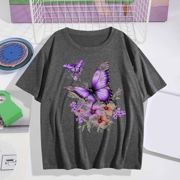 Gamivast Botanical Butterfly for Women T Shirt Vintage Floral Graphic Short Sleeve Crewneck Casual Loose Fit Spring Summer Vacation Nature Theme Shirts Tops Tees