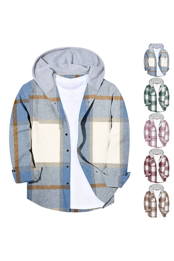 Boys Flannel Sweatshirts Plaid Lightweight Hooded Button Down Long Sleeve Shirt Fall Winter Clothes Trendy Side Split Shacket Jacket with Chest Pockets for 3-13 Years Old