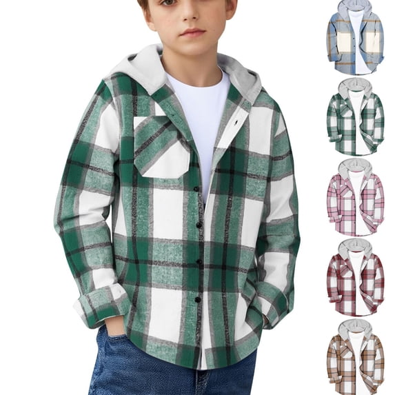Gamivast Boys Flannel Sweatshirts Plaid Lightweight Hooded Button Down Long Sleeve Shirt Fall Winter Clothes Trendy Side Split Shacket Jacket with Chest Pockets for 3-13 Years Old