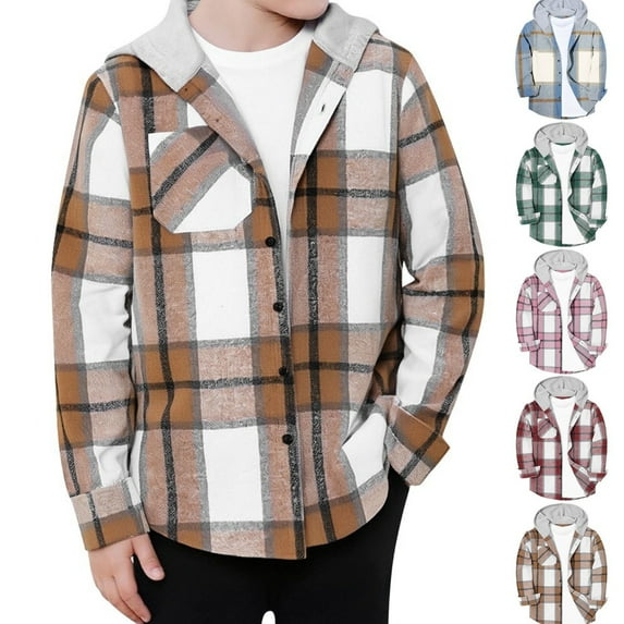 Gamivast Boys Flannel Sweatshirts Plaid Lightweight Hooded Button Down Long Sleeve Shirt Fall Winter Clothes Trendy Side Split Shacket Jacket with Chest Pockets for 3-13 Years Old