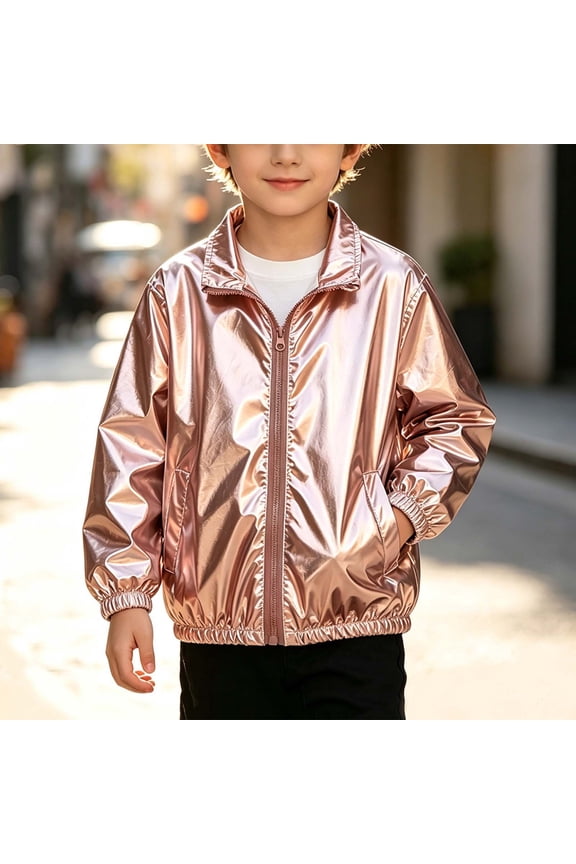 Boys' Shiny Metallic Jacket Long Sleeve Zip up Windbreaker Coat Faux Leather Fashion Outerwear Casual Activewear for Kids Toddlers Fall Spring Wear Pink 12-13 Years