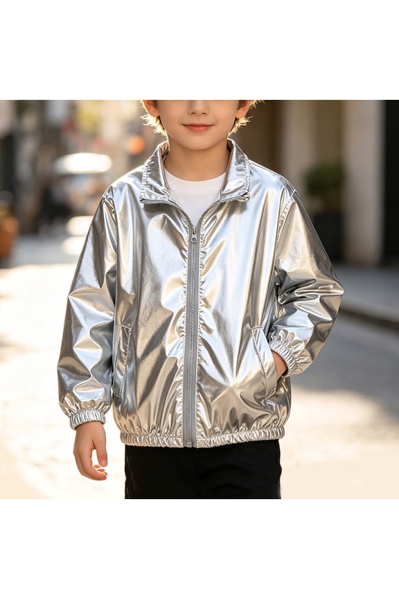 Boys' Shiny Metallic Jacket Long Sleeve Zip up Windbreaker Coat Faux Leather Fashion Outerwear Casual Activewear for Kids Toddlers Fall Spring Wear Gray 12-13 Years