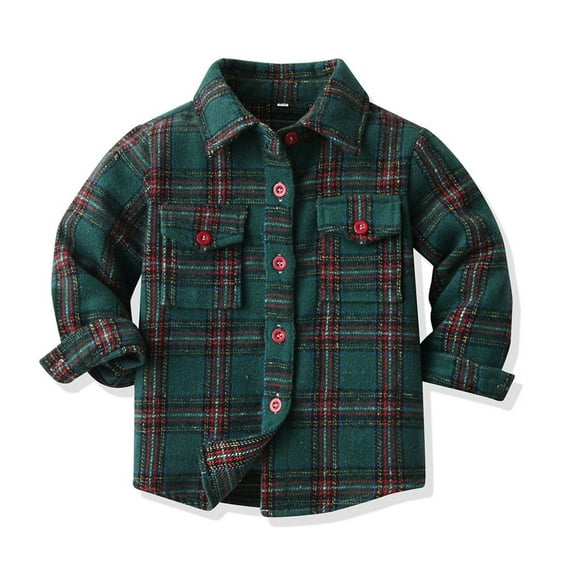 Gamivast Boys and Toddlers' Flannel Button Down Shirt Cotton Fall Trendy Lapel Collar Shacket Jackets Loose Casual Long Sleeve Winter Plaid Tops with Chest Pockets
