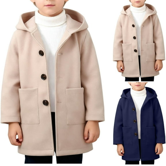 Gamivast Boys Wool Winter Coat Size 2-10 Hooded Loose Single Breasted Peacoat for Kids Toddlers Warm Thicken Windproof Overcoats with Pockets Trendy Trench Coats
