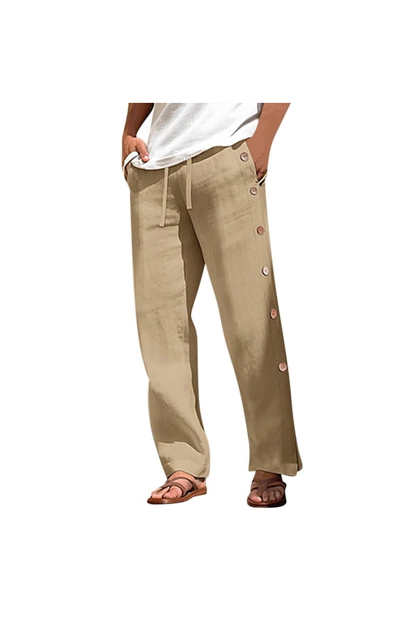 Breathable Pants for Men Side Split Snap Open Bottom Sweatpants Beach Drawstring Straight Leg Pant with Pockets Street Wear Solid Elastic Waist Joggers
