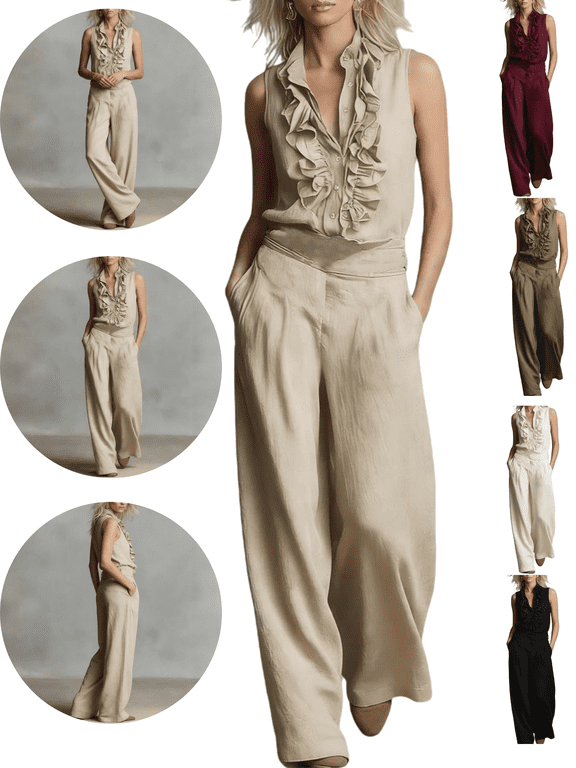 Business Casual Outfits for Women 2 Piece Ruffle Button Down Shirt & Wide Leg Pants Sets Sleeveless Work Wear Elegant Office Dressy