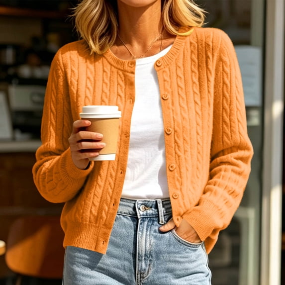 Gamivast Cable Knit Cardigan Sweaters for Women Button Down Long Sleeve Crewneck Casual Soft Fall Outerwear Classic Cozy Lightweight Knitwear for Everyday Office Wear