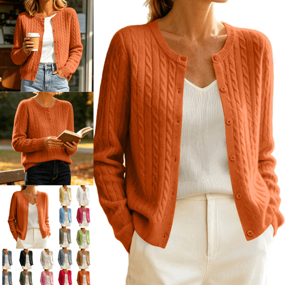 Gamivast Cable Knit Cardigan Sweaters for Women Button Down Long Sleeve Crewneck Casual Soft Fall Outerwear Classic Cozy Lightweight Knitwear for Everyday Office Wear
