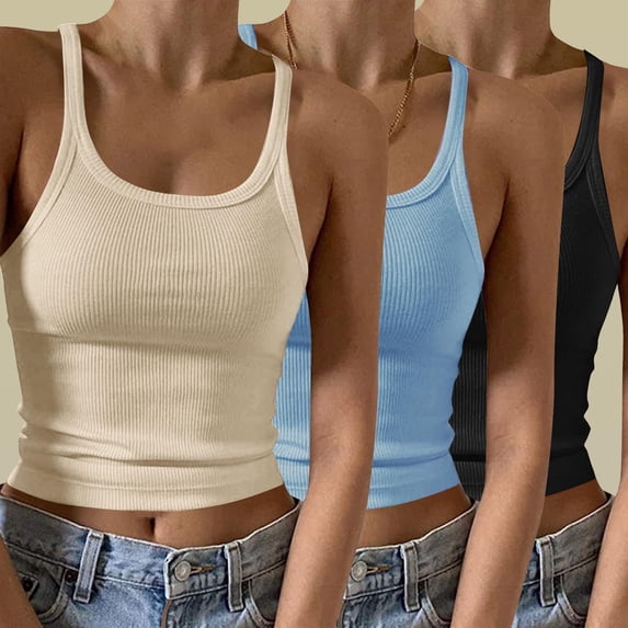 Gamivast Camisole Tops for Women Pack Cropped Sleeveless Ribbed Tank Tops Summer Spaghetti Strap Going out Tank Tops Basic Scoop Neck Shirts Beige S