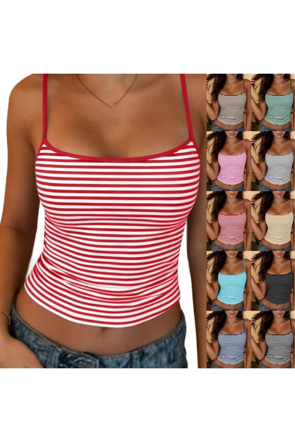 Camisoles for Women Spaghetti Strap Scoop Neck Slim Fit Striped Crop Tops Stretchy Ribbed Fabric Layering Camisole Casual Summer Shirts Club Going Out Wear Red S