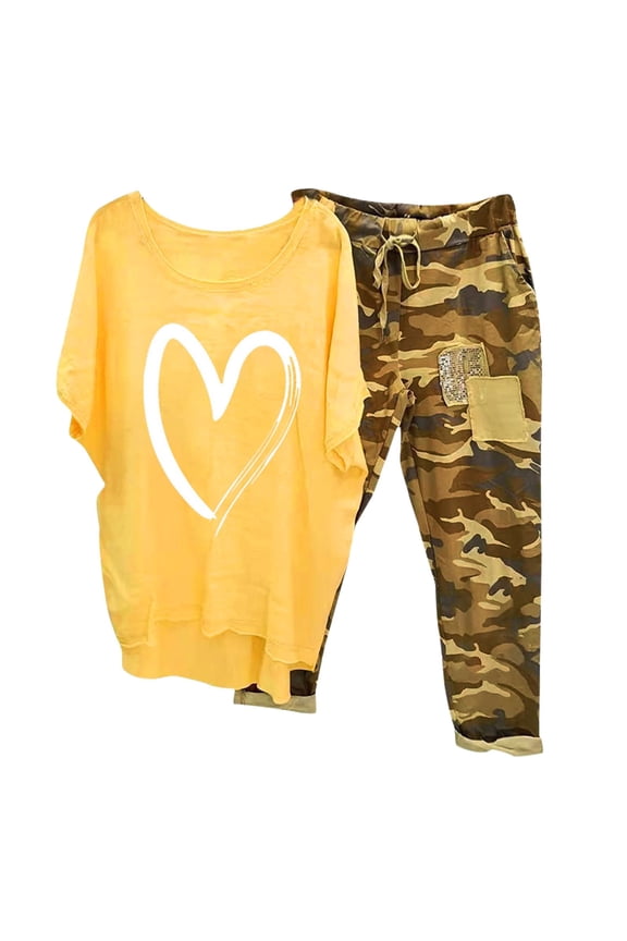 Camo Sets Women 2 Piece Outfits Camo Drawstring Elastic Waist Lightweight Cropped Cargo Joggers with Pockets Crewneck Short Sleeve T Shirts Beach Lounge Travel Wear