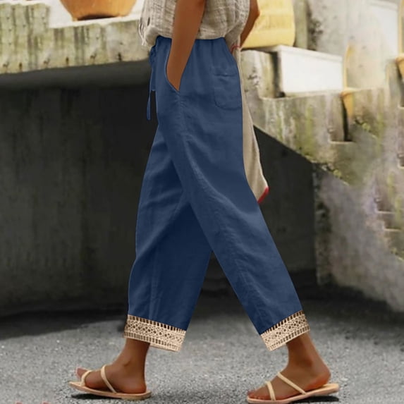 Gamivast Capri Linen Pants for Women Drawstring Lightweight Wide Leg Cropped Pants Elastic Waist Lace Trim Hem Trousers with Pockets Summer Vacation Casual Beach Wear