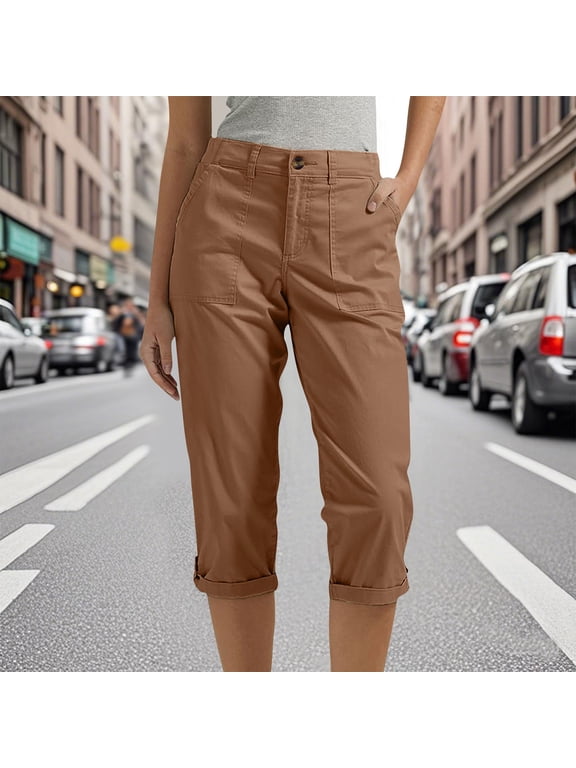 Capri Pants for Women Casual Cropped Trousers with Cargo Pockets Mid Rise Stretch Work Outdoor Hiking Pants Rolled Cuffs Summer Athletic Bottoms Capris