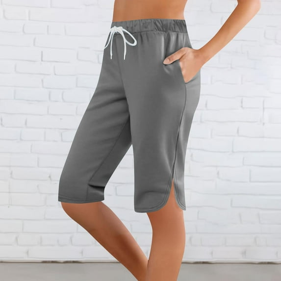 Gamivast Capri Pants for Womens 2025 Knee Length Elastic Waist Pants Summer Drawstring Athletic Workout Yoga Pants with Pockets Gray XL Clothes Under $5.00 Recent
