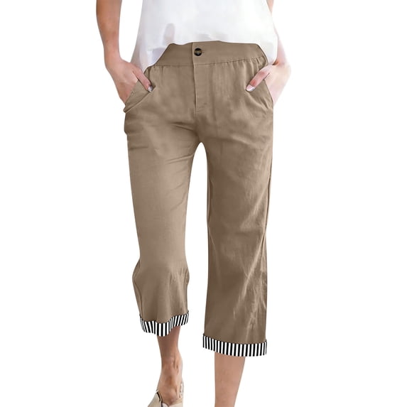 Gamivast Capris Pants for Women Elastic Waist Button Decor Striped Hem Cropped Pants Summer Beach Casual Pants Loose Fit Breathable Soft Holiday
