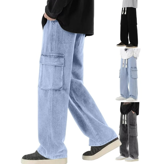 Gamivast Cargo Jeans for Men Baggy Straight Wide Leg Pants with Multiple Pockets Casual Y2K Drawstring Jean Plus Size Work Elastic Waist Active Pants
