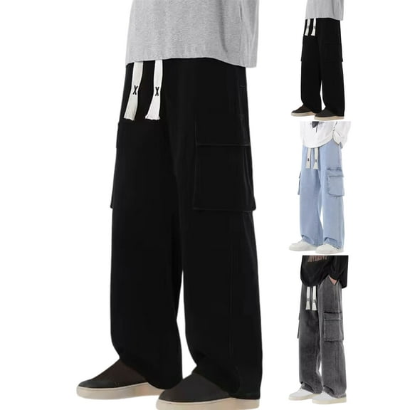 Gamivast Cargo Jeans for Men Baggy Straight Wide Leg Pants with Multiple Pockets Casual Y2K Drawstring Jean Plus Size Work Elastic Waist Active Pants