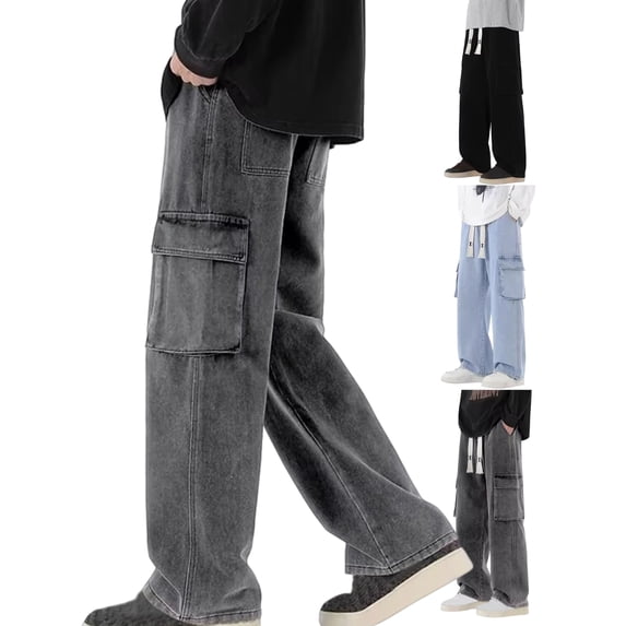 Gamivast Cargo Jeans for Men Baggy Straight Wide Leg Pants with Multiple Pockets Casual Y2K Drawstring Jean Plus Size Work Elastic Waist Active Pants