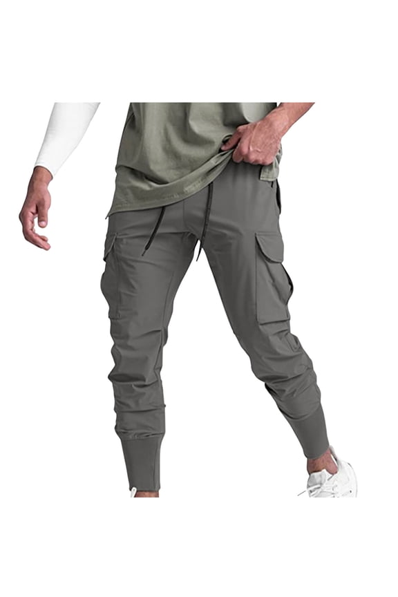 Cargo Pants Men Slim Fitted Straight Leg Pants with Multiple Pockets Workout Running Stretch Drawstring Solid Sweatpants Casual Work Cuffed Pant