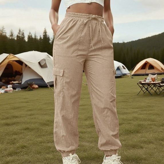 Gamivast Cargo Pants for Women Casual Elastic Waist Straight Leg Trousers with Pockets Outdoor Solid Color Drawstring Sweatpants Comfortable Cuffed Sweatpants