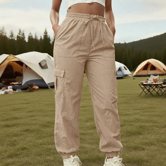 Gamivast Cargo Pants for Women Casual Elastic Waist Straight Leg Trousers with Pockets Outdoor Solid Color Drawstring Sweatpants Comfortable Cuffed Sweatpants