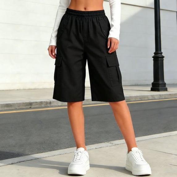 Gamivast Cargo Shorts for Kids Girls Multi Pockets Relaxed Fit Long Shorts Elastic Waist Button Detail Straight Leg Bermuda Length for Travel Casual Daily Summer Apparel