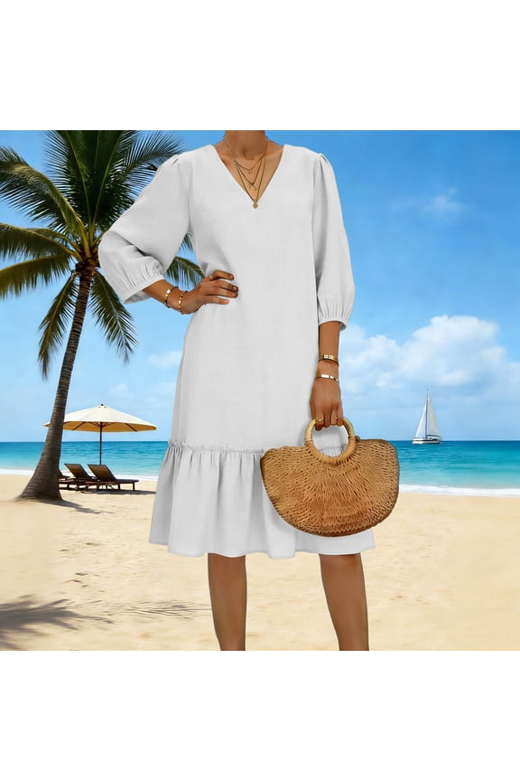 Casual Dresses for Women 3/4 Sleeve V-Neck Loose Fit Midi Dress Ruffle Hem Solid Textured Shift Dress Work Office Summer Holiday Vacation Daily
