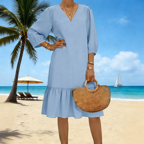 Gamivast Casual Dresses for Women 3/4 Sleeve V-Neck Loose Fit Midi Dress Ruffle Hem Solid Textured Shift Dress Work Office Summer Holiday Vacation Daily