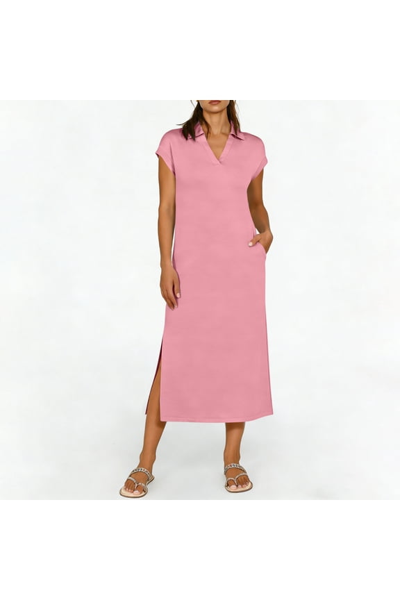Casual Dresses for Women Collared V-Neck Cap Sleeve Midi Dress Comfy Summer Dresses Side Slit Solid Straight Shift Work Golf Office Daily Wear