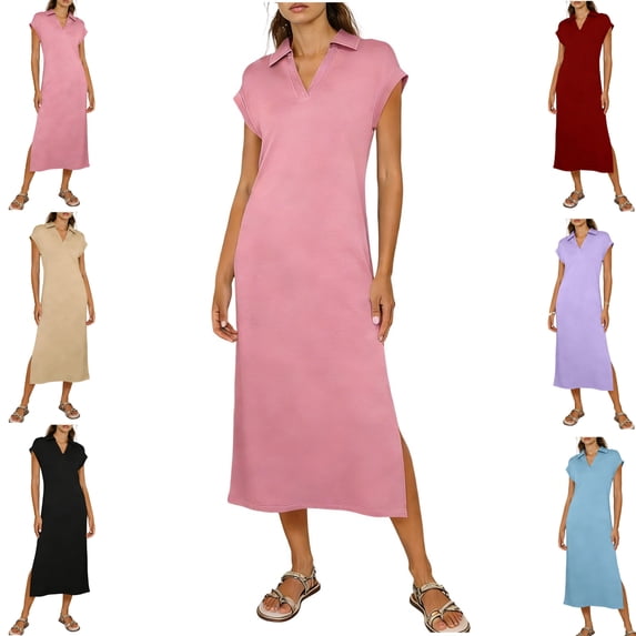 Gamivast Casual Dresses for Women Collared V-Neck Cap Sleeve Midi Dress Comfy Summer Dresses Side Slit Solid Straight Shift Work Golf Office Daily Wear