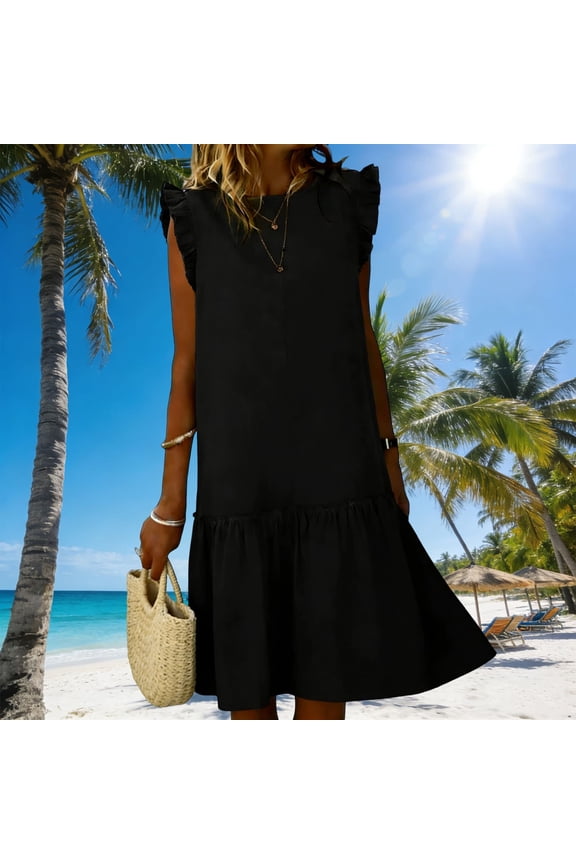 Casual Dresses for Women Ruffle Cap Sleeve Round Neck Summer Dresses Cute Shift Dress Solid Drop Waist Frill Hem Loose Fit Daily Vacation Work