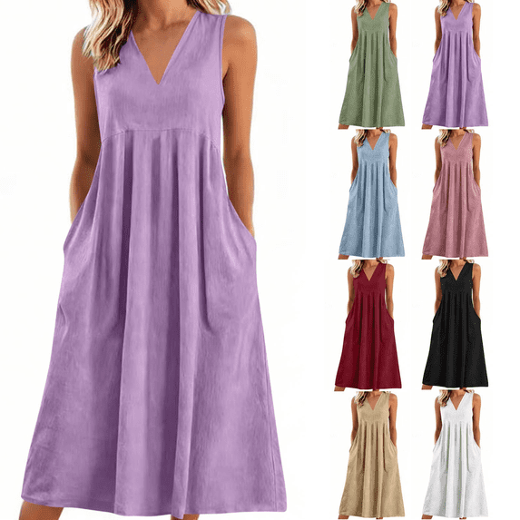 Gamivast Casual Dresses for Women Sleeveless V-Neck Midi Dress Empire Waist with Pockets Tank Dress Solid Color Flowy Summer Work Office Daily Playwear