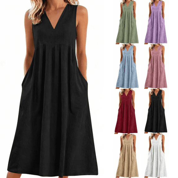 Gamivast Casual Dresses for Women Sleeveless V-Neck Midi Dress Empire Waist with Pockets Tank Dress Solid Color Flowy Summer Work Office Daily Playwear