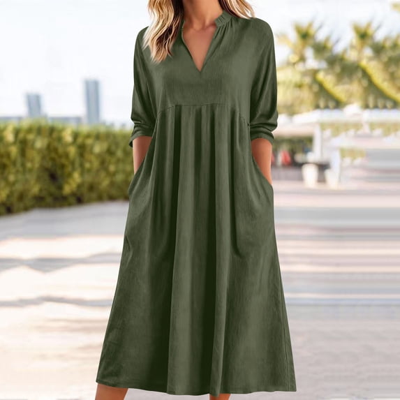 Gamivast Casual Dresses for Women Loose Fit Midi Dress V-Neck Summer Dress Solid Color Flowy Empire Waist Daily House Dress With Pockets