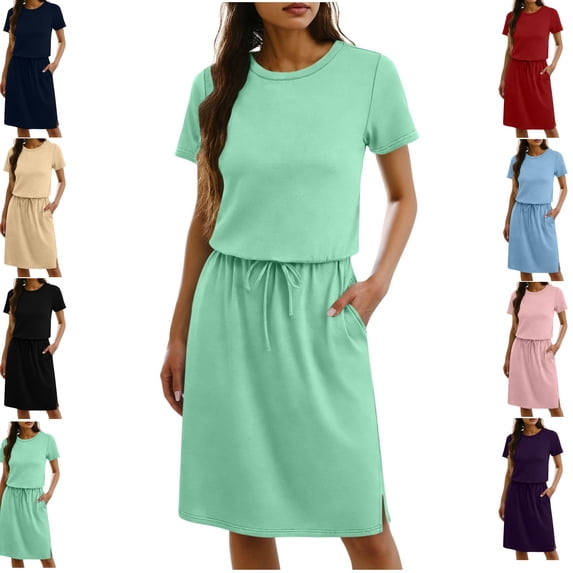 Gamivast Casual Dresses for Women Short Sleeve Round Neck Drawstring Waist Tshirt Dress Solid Color Pockets Summer Dress Daily Work Office Casual