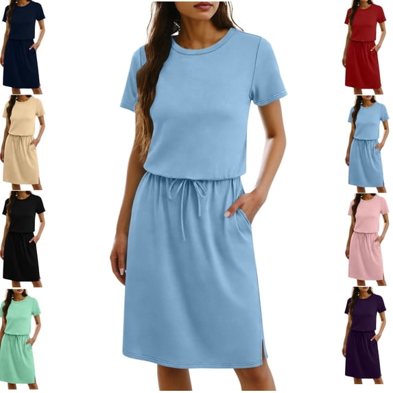 Gamivast Casual Dresses for Women Short Sleeve Round Neck Drawstring Waist Tshirt Dress Solid Color Pockets Summer Dress Daily Work Office Casual