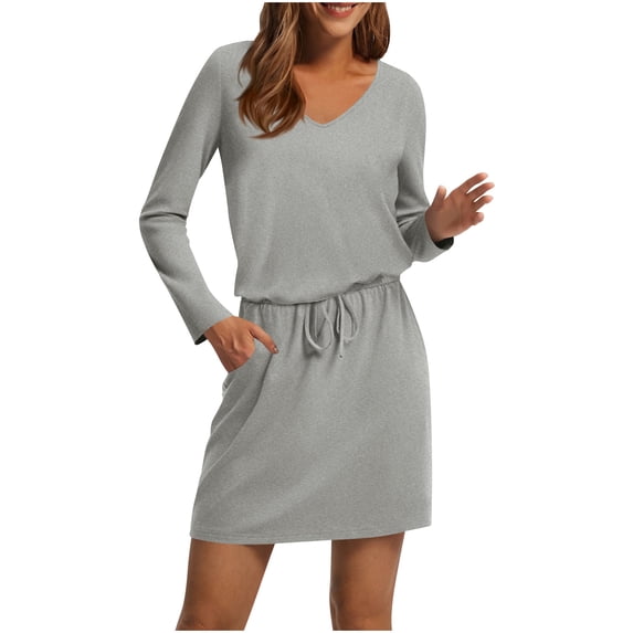 Gamivast Casual Dresses for Women V-Neck Long Sleeve T-Shirt Dress Comfy Mini Dresses Elastic Drawstring Waist Solid Soft Pockets Simple Work