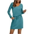 thumbnail image 1 of Gamivast Casual Dresses for Women V-Neck Long Sleeve T-Shirt Dress Comfy Mini Dresses Elastic Drawstring Waist Solid Soft Pockets Simple Work, 1 of 3