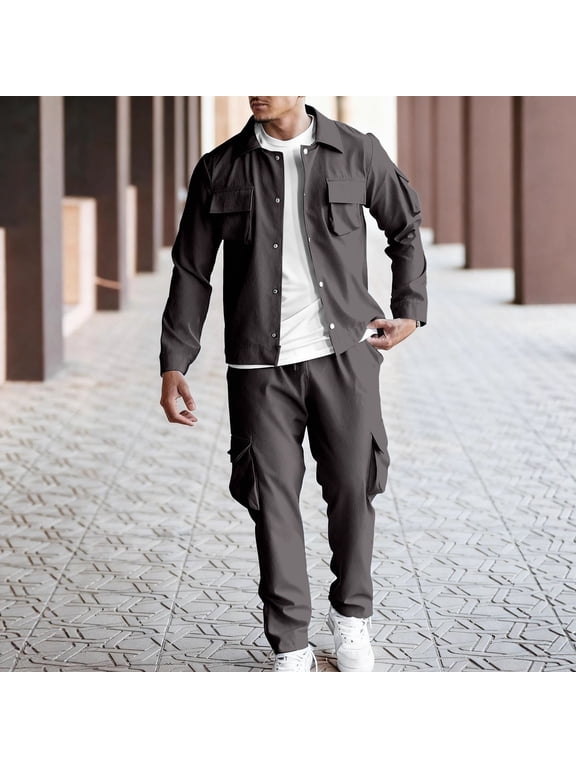 Casual Men's Cargo Set Long Sleeve Button Down Shirt Jacket and Pants Outfit Workwear Style Utility Suit for Daily Outdoor Travel Hiking Streetwear