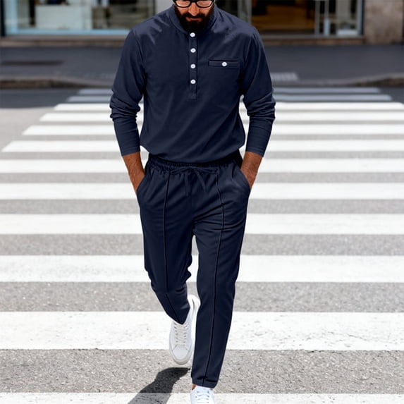 Gamivast Casual Mens 2 Piece Set Long Sleeve Henley Shirt and Drawstring Pants Soft Piping Detail Outfit for Daily Lounge Home Relaxed Athletic Wear